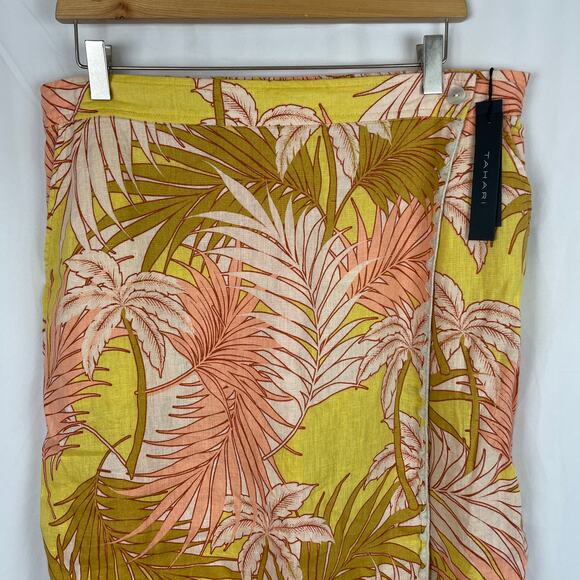 Tahari Women's 100% Linen Tropical Yellow/Pink Beach Faux Wrap Skirt Size XL - Picture 2 of 8